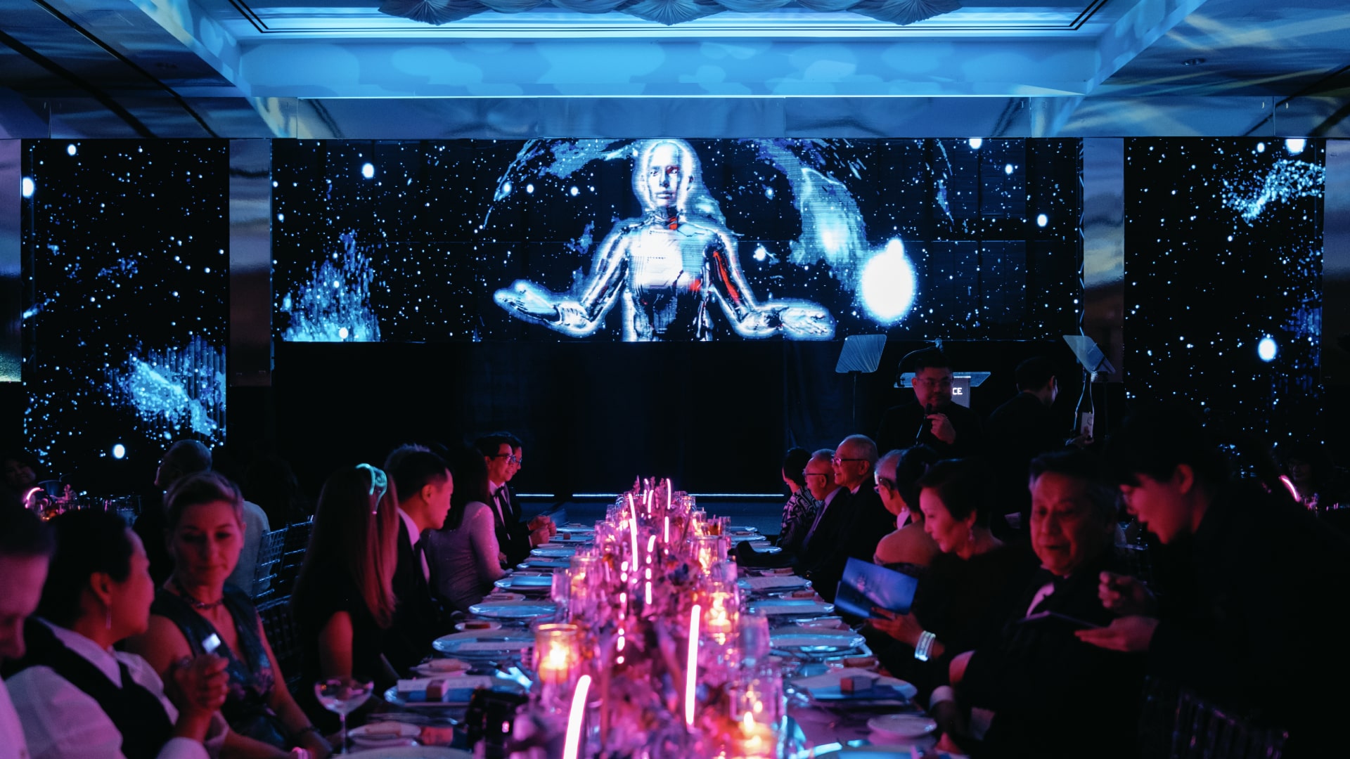 AI emcee on transparent LED display created by ClearLED at the Shine-Cyber the Future Gala